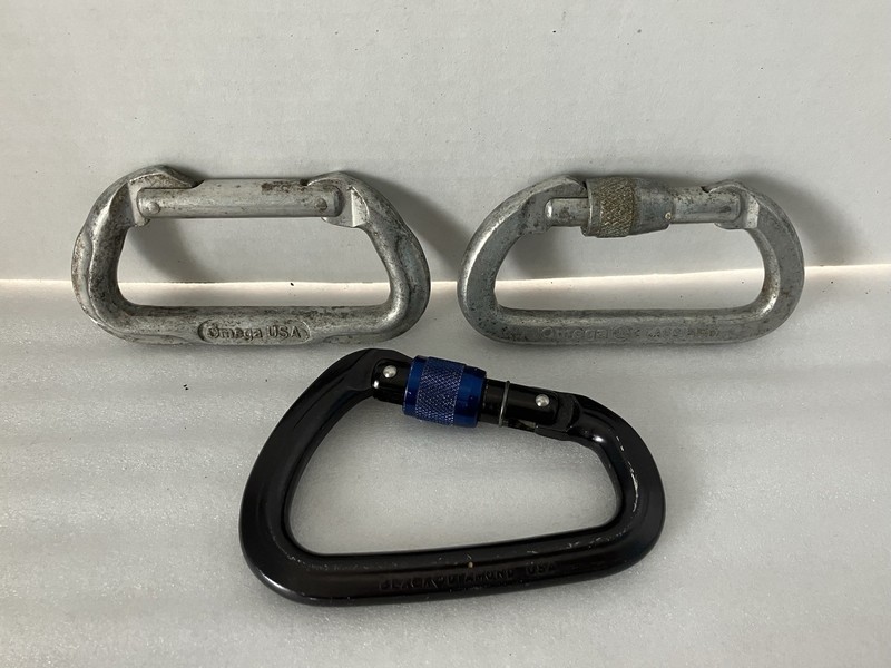 Lot of 3 Assorted Climbing Carabiners, 4”-4.5" Black Diamond, Omega