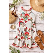 Anthropologie Dolma Embroidered Floral Cotton Shift Dress Boho Festival Small