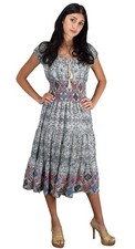 Boho Floral Maxi Dress Cap Sleeves Smocked Waist Tiered Blue Grey Small