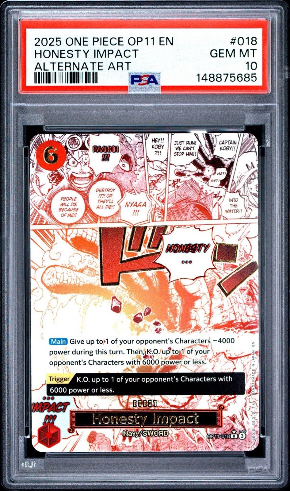 2025 ONE PIECE OP11-A FIST OF DIVINE SPEED ALTERNATE ART HONESTY IMPACT PSA 10
