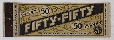 1930 s J.C. Winter & Co. Fifty-Fifty Cigars Tall Matchbook Cover Red Lion PA