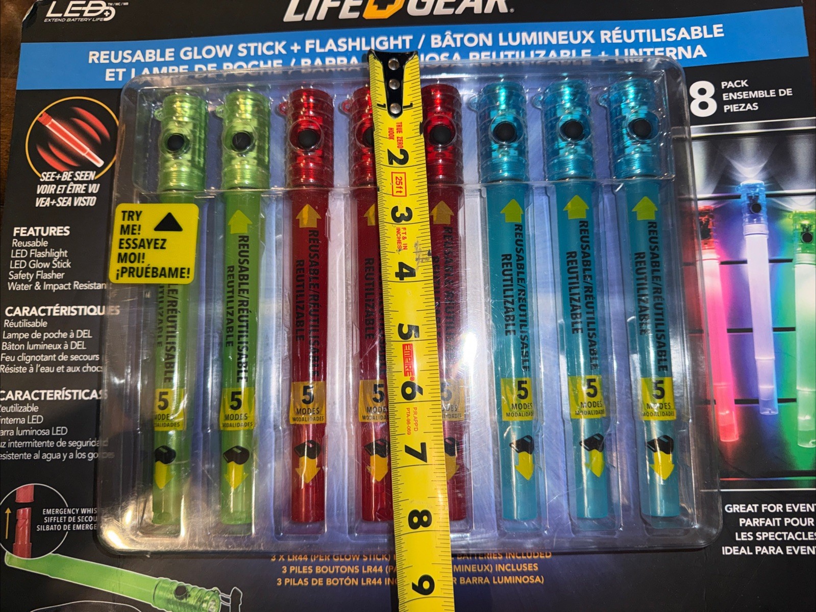 LIFE+GEAR 8pk Reusable LED Glow Stick & LED Flashlight Emergency Whistle Safety