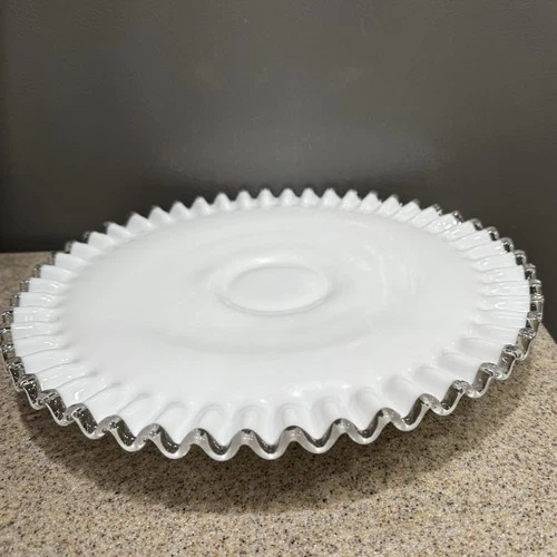 Vtg Fenton 12” Silver Crest Milk Glass Low Pedestal Ruffled Cake Stand Plate EUC