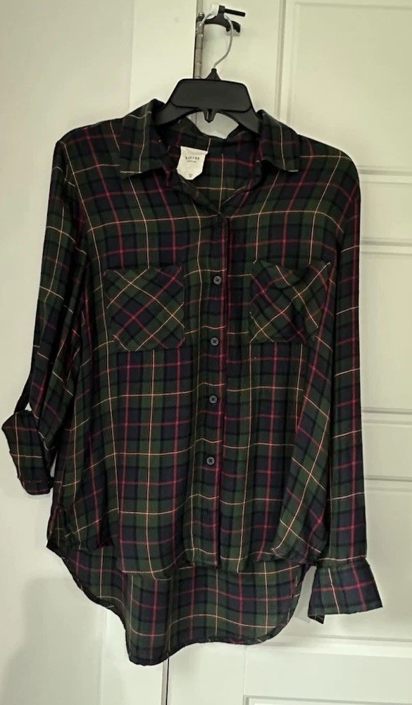 Harper Heritage Navy & Green Plaid Button Up Shirt Flap Pockets - Women's M
