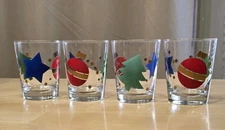 Set of 4 Libby Lowball Christmas/Holiday Glasses Tree Ornament Star Gold Dots
