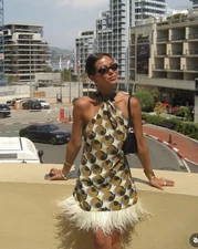 ZARA NWT WOMAN SS25 GEOMETRIC PRINT FEATHER MINI DRESS BEIGE-PINK_2392/707_XS-L