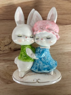 Vintage Rabbit Couple Figure Bunny Couple Figure Handmade Korea Plastic