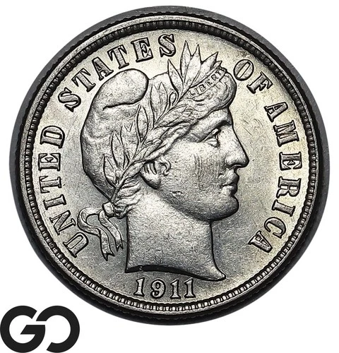 1911-S Barber Dime, Choice AU++/Unc Tougher Date