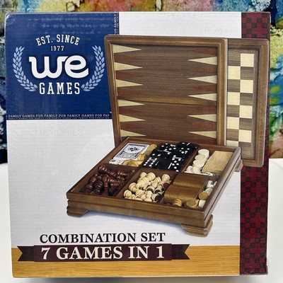 WE Games Walnut 7-Games-in-1 Combo Game Set Chess Checkers Backgammon Dice NEW!