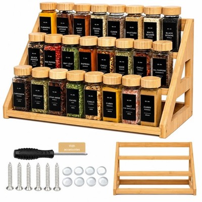 Bamboo Tier Spice Rack Organizer: 17.5 Inch Wide Kitchen Cabinet Countertop Spic
