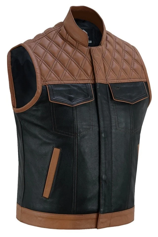 MEN'S Genuine Leather Biker Club Vest Quilted Panel Black & Tan Biker Waistcoat