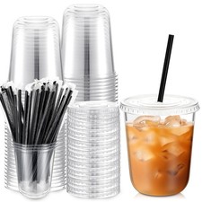 50 Set 14 oz Clear Plastic Cups with Lids and Straws, PET Disposable Iced Cof...