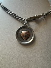 Sterling Silver Watch Chain With T Bar &Fob With Rose Tinted Shield Metal Catch