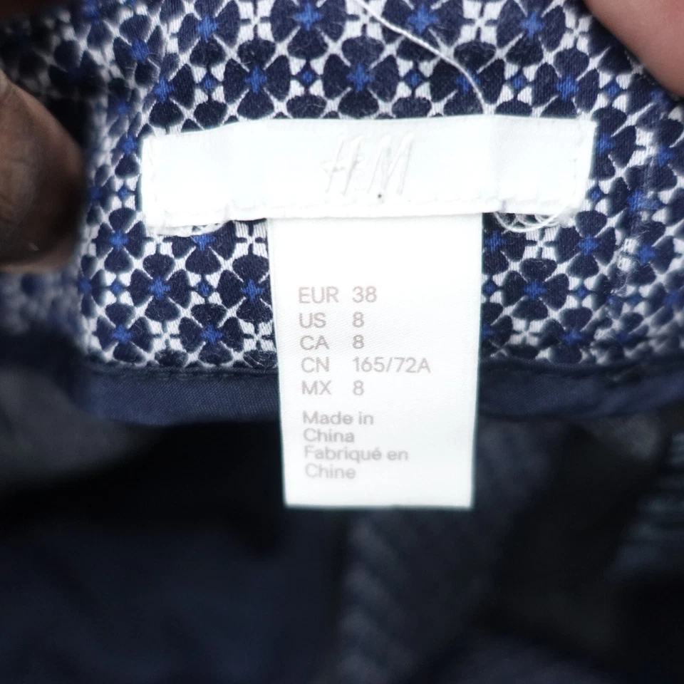 Pantalones H&M Mujer 8 Azul Blanco Geométrico Algodón Bolsillo Frente Plano Recortado Clásico Foto 3 de 4