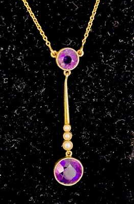 Feines edwardianisches 15 kt Gold Amethyst & Saatperlen Set Anhänger Halskette um 1910