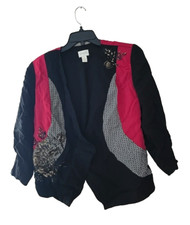 Chico's Black Red Floral Sequin Open Front Lagenlook Blazer Jacket Womans Size 2