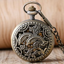 Retro Dolphins Skeleton Hollow Women Men Hand Wind Mechanical Pocketwatch Chain