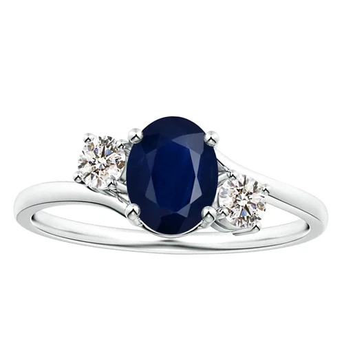 Bypass Oval Blue Sapphire Three Stone Women Ring 925 Silver For Graduation Gift