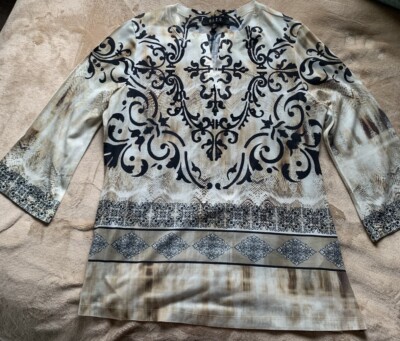 B.L.E.U. Studded Bling Top Sz M Medium Tan Beige Black blouse