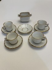 Vintage Miniature Porcelain Tea Cups  Saucers W/ Gold Trim, Ivory, 10 Pieces