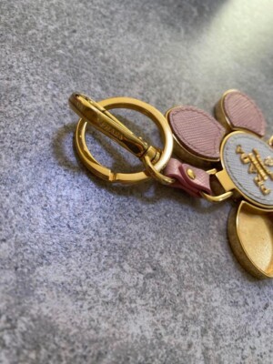 PRADA Keychain Bag Charm Flower Shape Leather Metal Pink