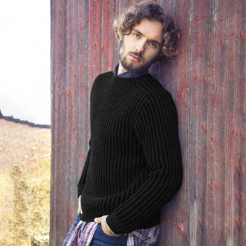 Men's solid color knit thick pullover crew-neck top - Picture 4 of 9