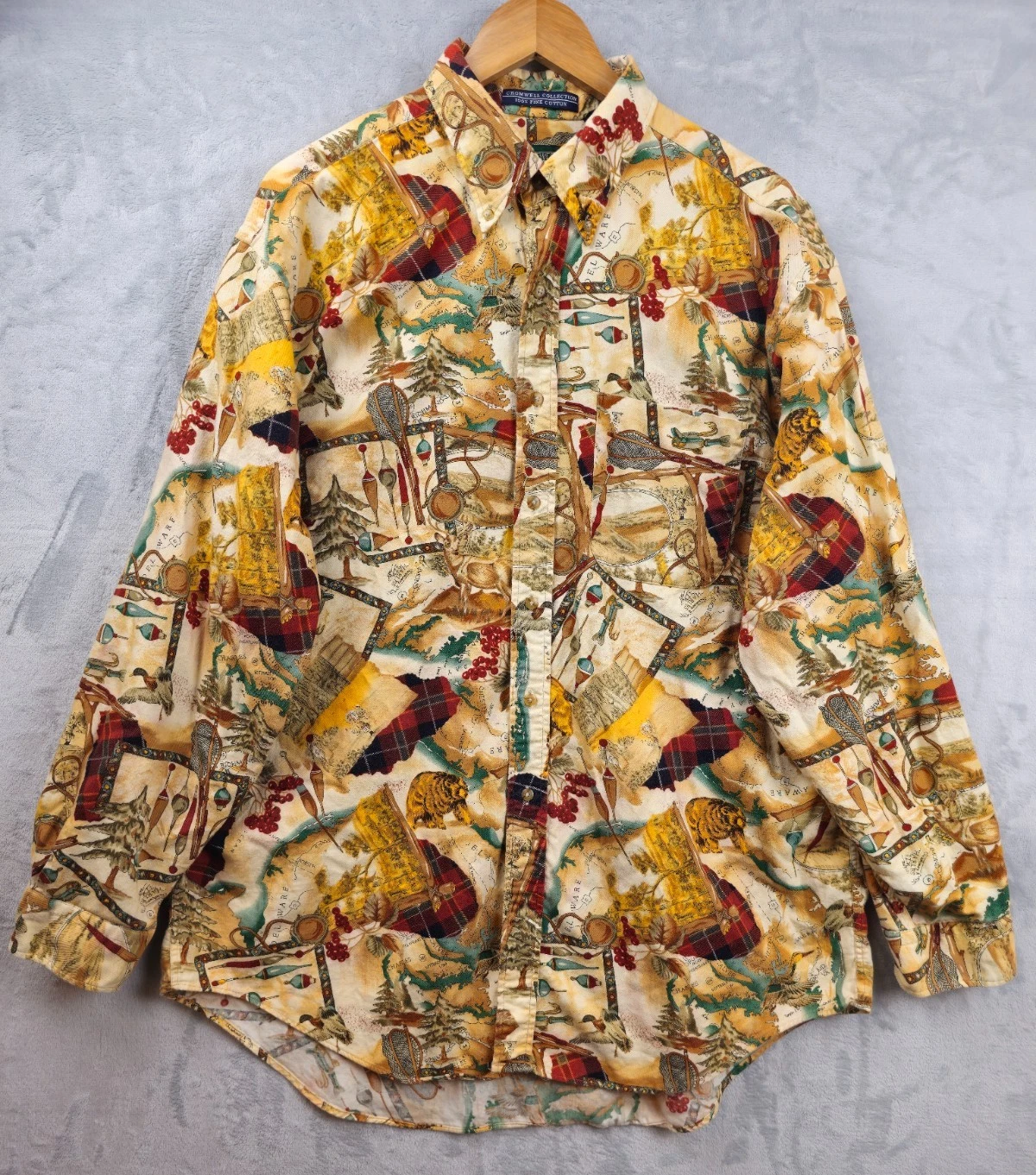 Vtg JW Tweeds Cromwell Shirt XL Button Up Delaware State Graphic Scenic Map Camp