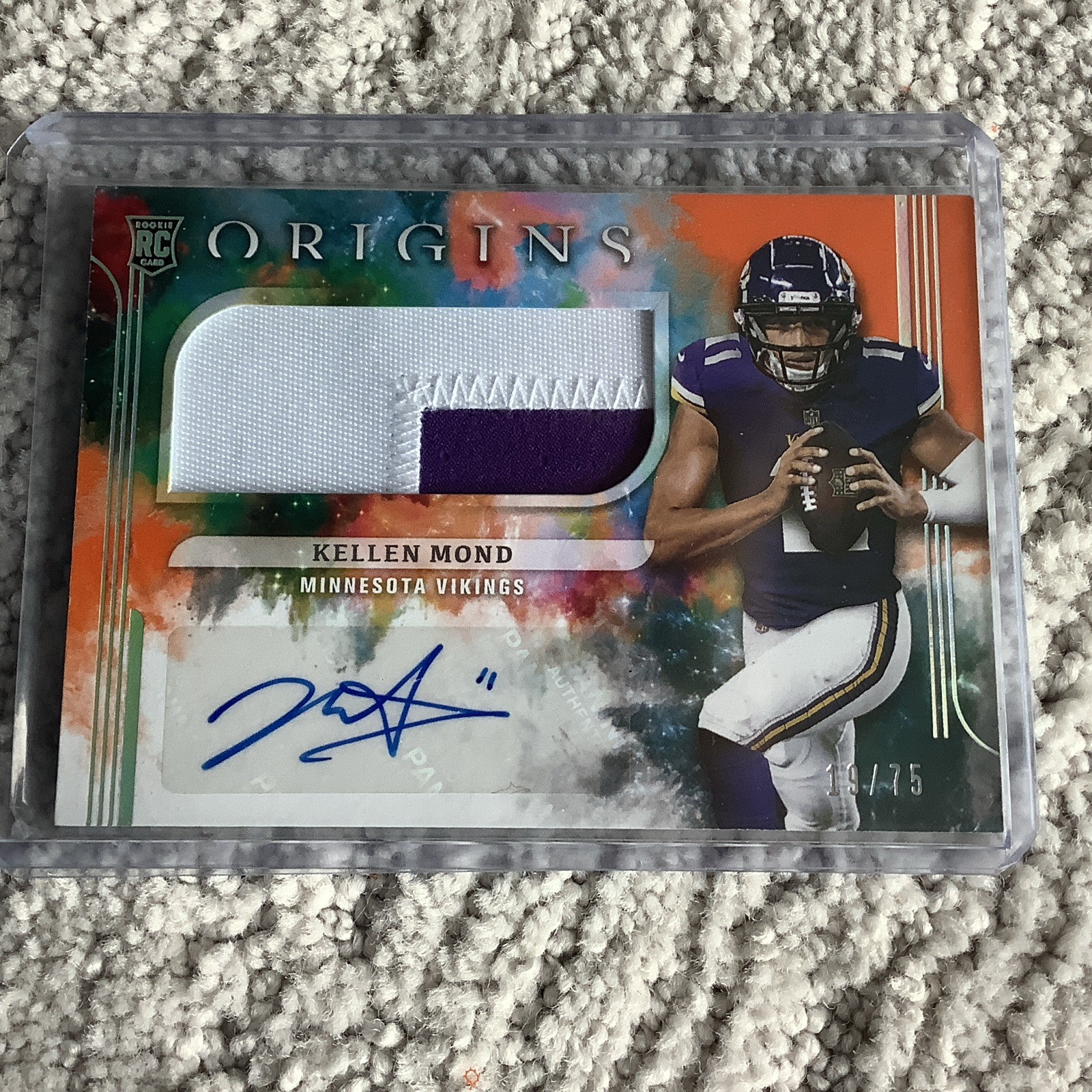 Kellen Mond RPA Panini 2021 Origins Jumbo Jersey Orange /75 #156 Vikings