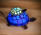 Double Turtle Tiffany Style Stained Glass Accent Lamp Blue Stacked Tortoises Vtg