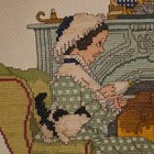 Vintahe  Cross Stitch Normand Rockwell Fireplace Cat Blue Roosters — photo 7