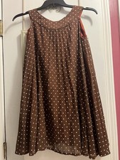 Vtg 1960 s Brown With White Polka Dots Pleated Sleeveless A-Line Dress Cut Tag