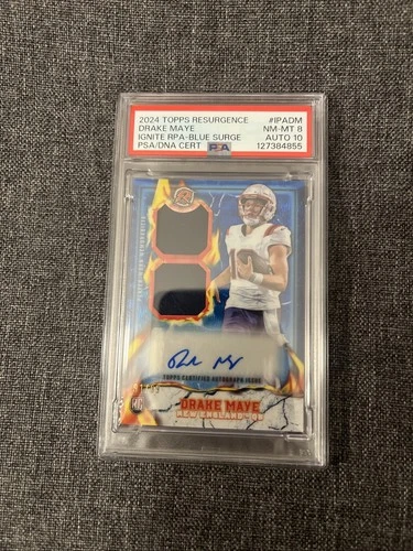 2024 Topps Resurgence Drake Maye Ignite Rookie Patch Auto Blue Surge /99 PSA 8