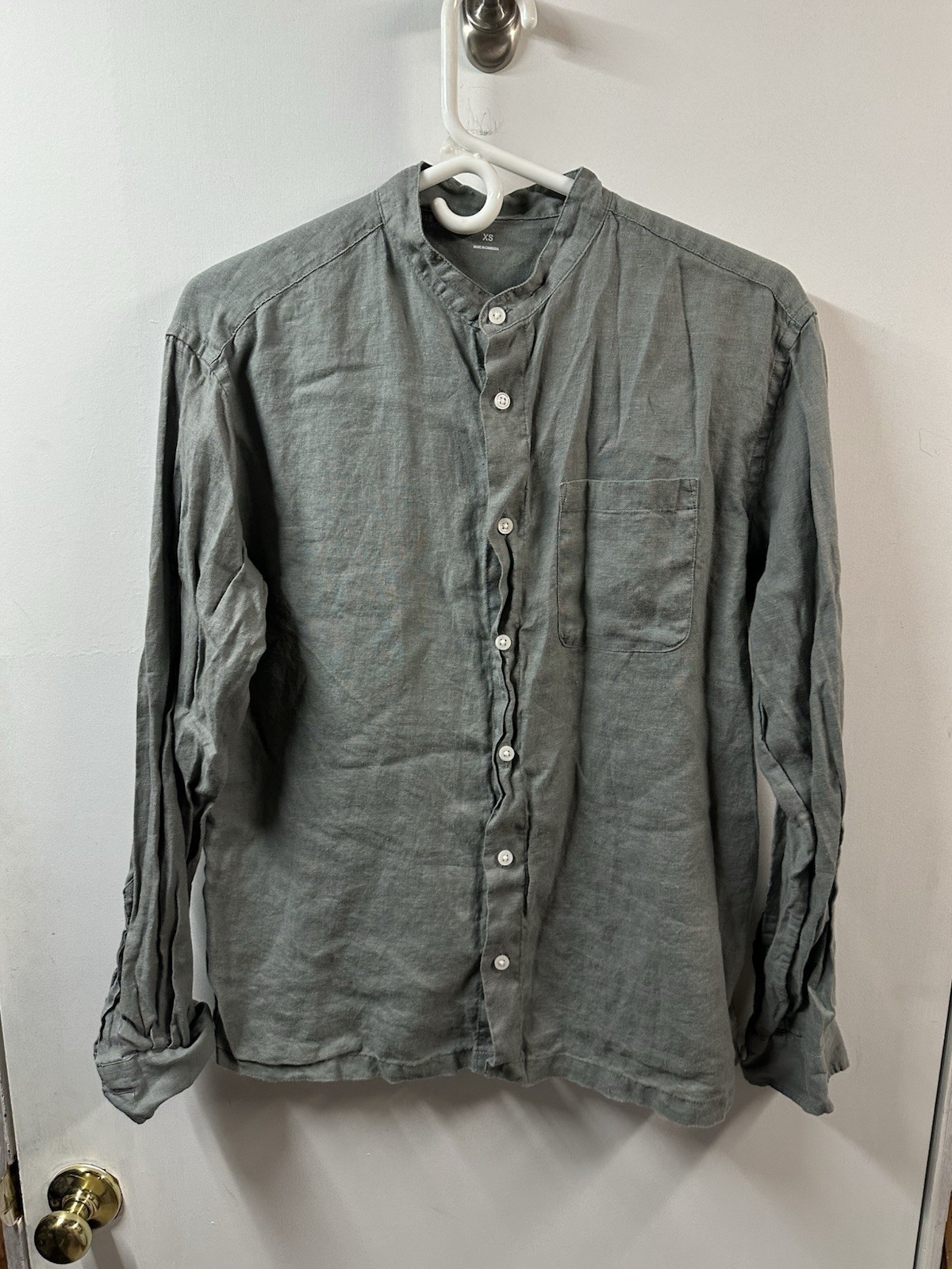 Muji 100% Linen True Hemp Stand Band Collar Button Up Long Sleeve Shirt Gray Xs