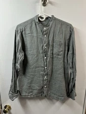Muji 100% Linen True Hemp Stand Band Collar Button Up Long Sleeve Shirt Gray Xs