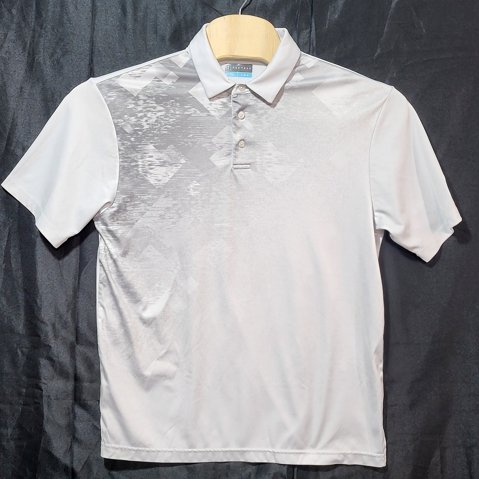PGA Tour Mens Golf Polo Shirt White Gray Geometric Print Size Large Performance