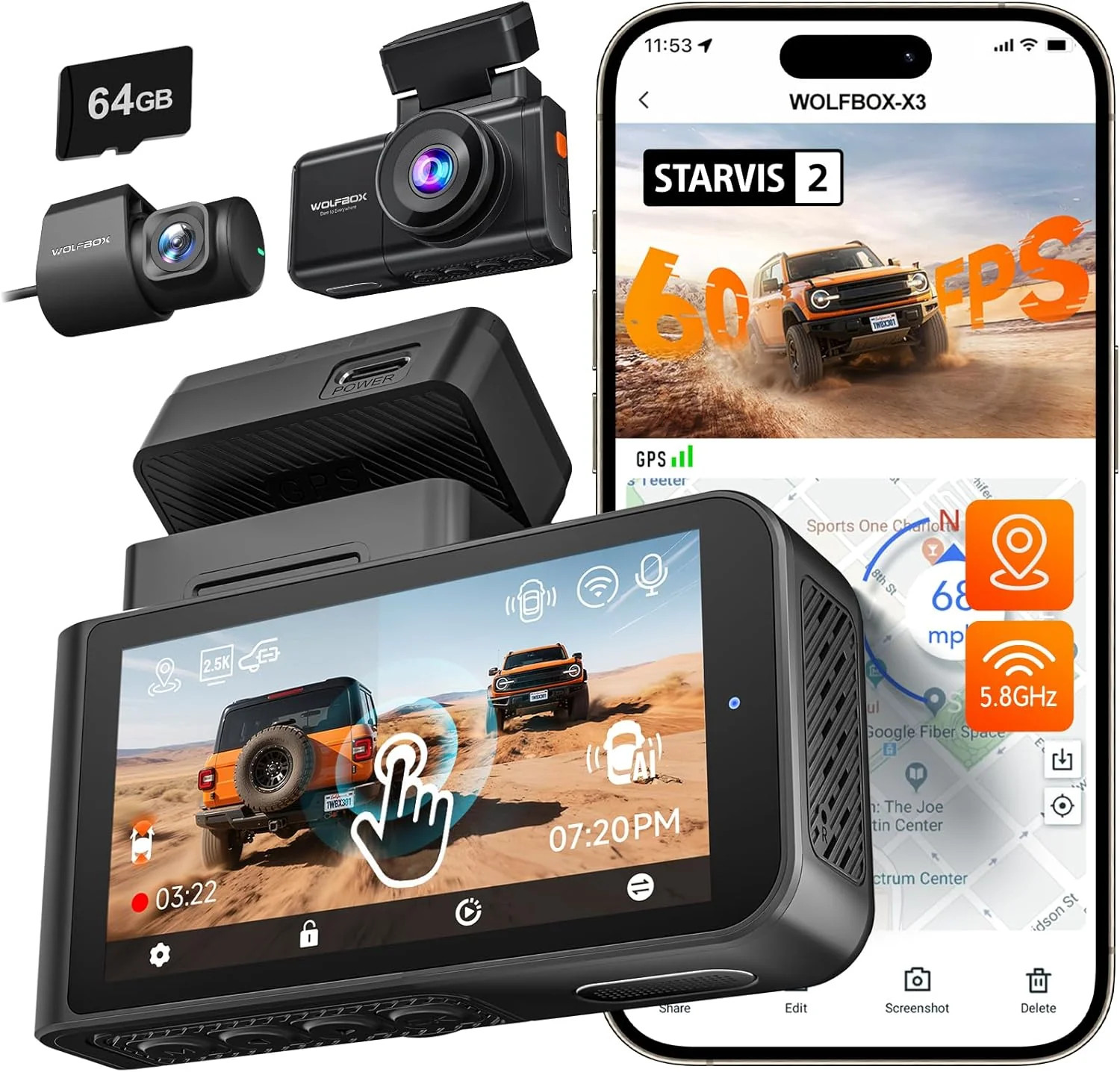 Dashcam 2.5K 60 FPS caméra embarquée avant et arrière voiture connectée - Modèle Dash X1 noir