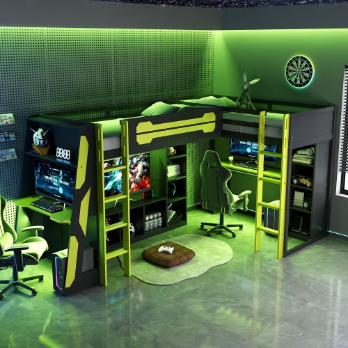 Gaming Loft Bed with Desk and Storage Shelves Solid Wood L-Shaped Loft Bed Frame