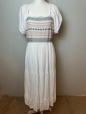 Baltic Born Newcastle Embroidered Midi Dress Ivory White Smocked Boho Cottage M