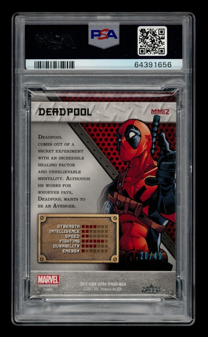 2017 Fleer Ultra Spider-Man Marvel Metal Blue: #MM12 Deadpool /49 PSA 8 NM-MT view 2