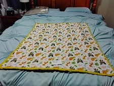 Crib quilt 38" x 36" baby zoo animals white and yellow