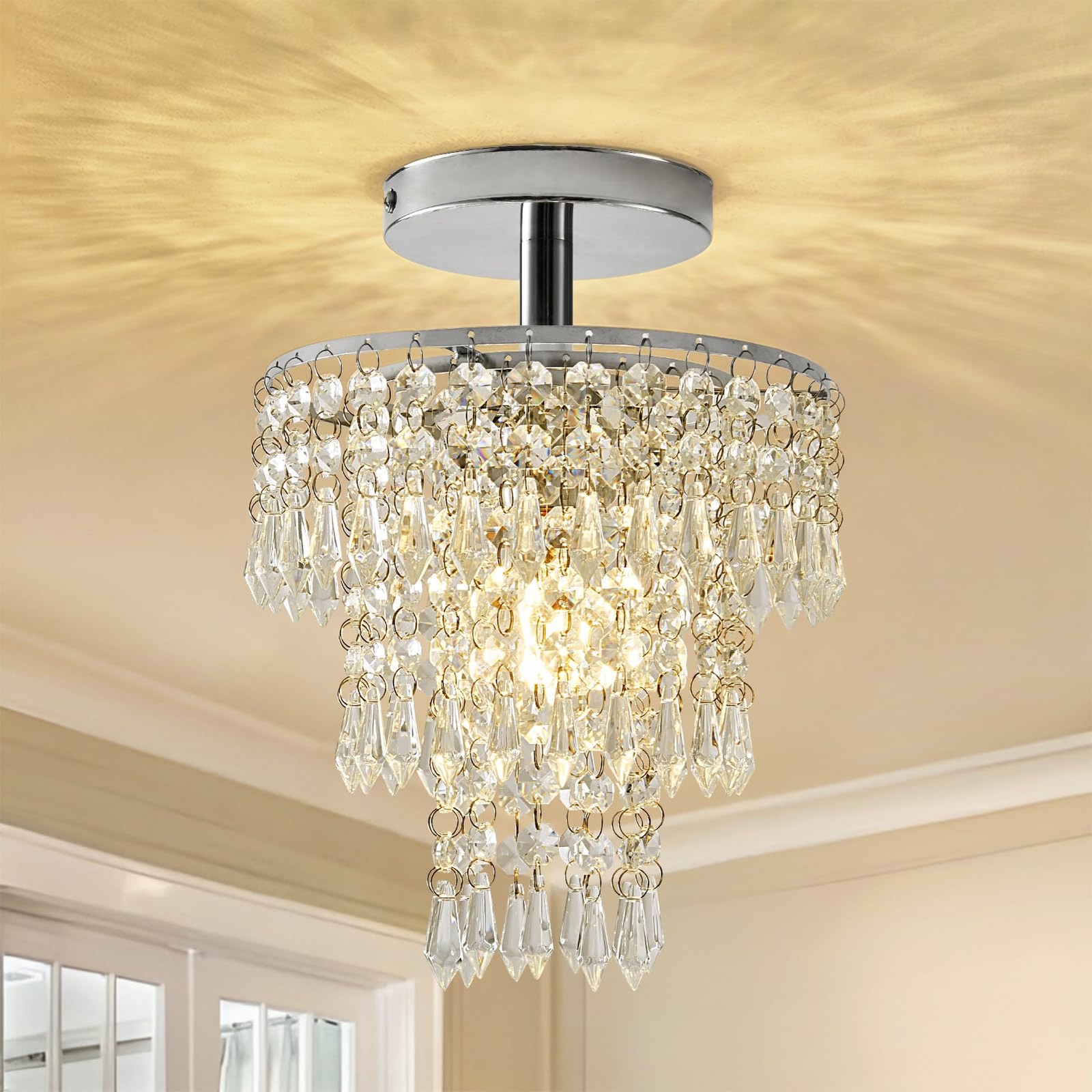 Small Crystal Chandelier Flush Mount Ceiling Light 3-Tier Raindrop Design