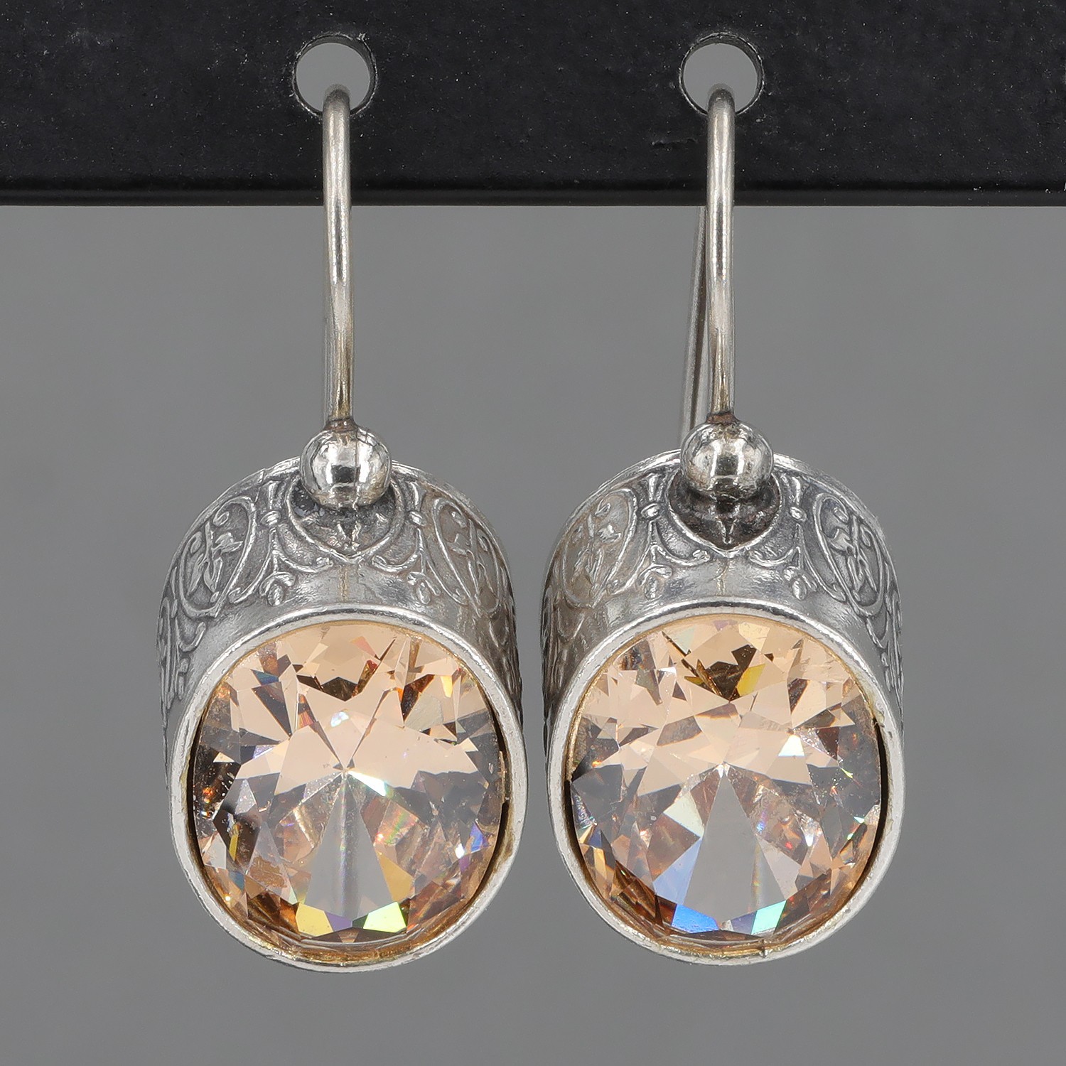 Retired Silpada Embossed Sterling Silver Oval Champagne CZ Drop Earrings W1335