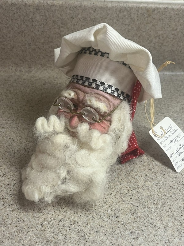 Christmas Ornament Santa Claus Head Resin/Fabric Baker Chef 6" Mera  Vic