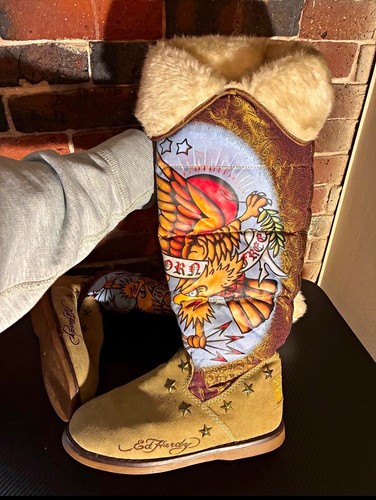 Ed Hardy Womens 6 Y2K Boots Faux Fur Trim Suede Eagle Tattoo Design