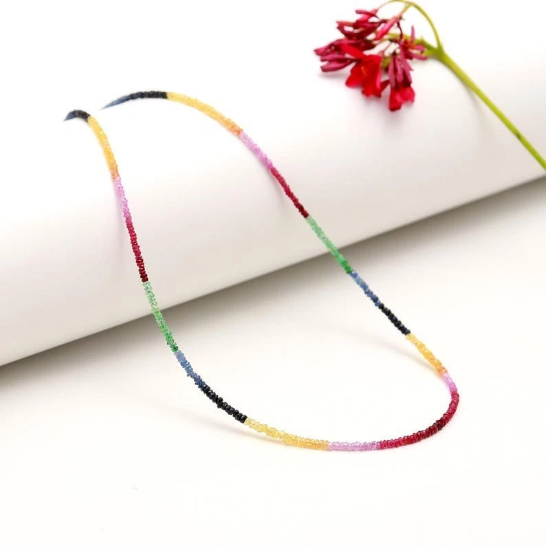 Collar de mujer con cuentas de piedras preciosas rondelle facetadas de 3 mm diseñado con múltiples zafiros 18" Foto 3 de 4