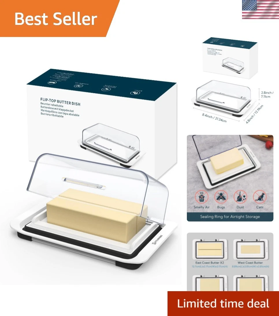 Airtight Flip-Top Butter Dish with Lid for Countertop and Refrigerator, Butte...