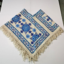Bohemian Embroidered Wool Poncho Fringed Ivory Blue Folk Art Mexican Floral cape