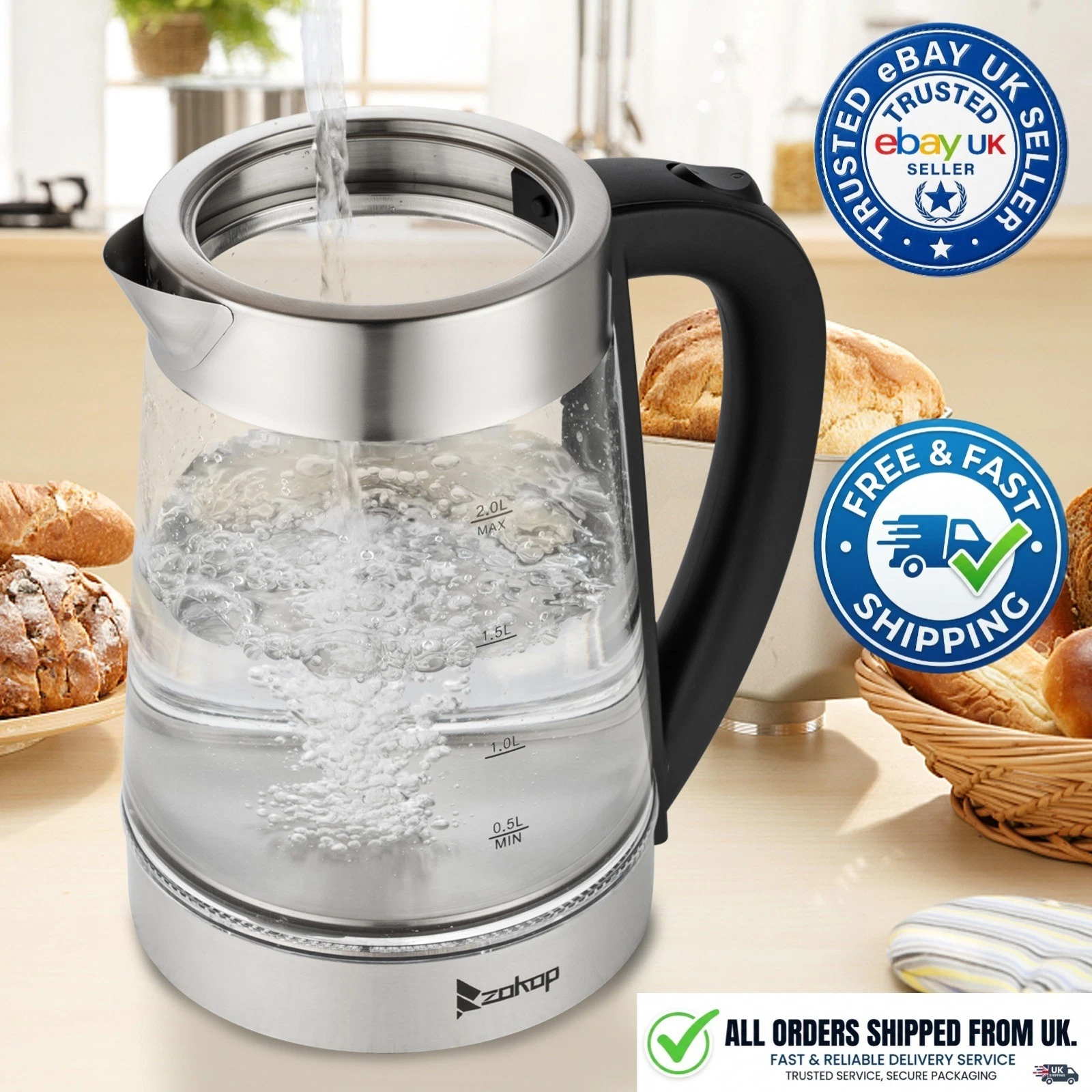 Electric Glass Kettle 2L 2000W LED Blue Cordless Fast Boiling Jug