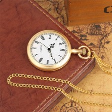 Classic Golden Open Face Pocket Watch White Roman Dial Unisex Necklace Chain