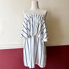 Faithfull The Brand 100% Linen Navy Stripe Dress Strapless Tiers Ruffle Womens 6